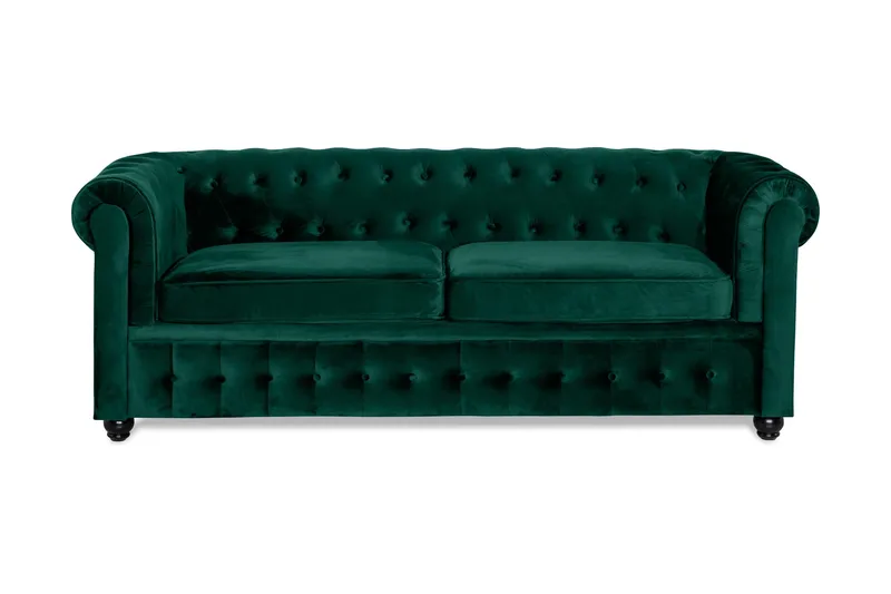 Chesterfield Lyx 3-sædet Fremadslående sovesofa i fløjl, Grøn