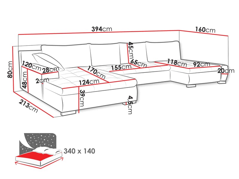 Cillo 5-personers U-formet sovesofa med dobbelt chaiselong - beige - Møbler - Sofaer - Sovesofaer