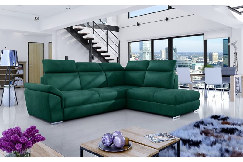 Coroniella Højrevendt Hjørnesovesofa 125x190 cm med Opbevaring i Plys, Grøn