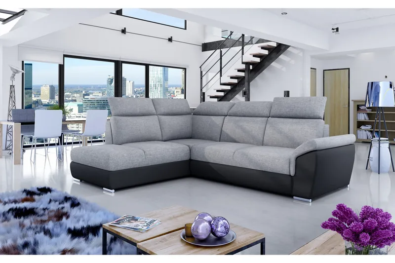 Coroniella Venstrevendt Hjørnesovesofa 125x190 cm med Opbevaring i Stof og Læder, Grå|Sort