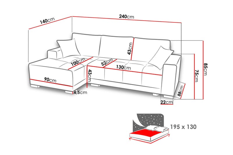 Dallas Sovesofa med diva 240x140x80 cm - Sovesofaer - Sovesofa chaiselong - Velour sofaer