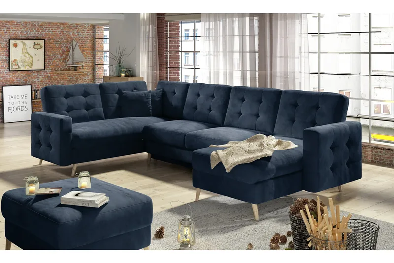 Deadra U-formet Sovesofa 120x282 cm med Opbevaring i Plys, Blå