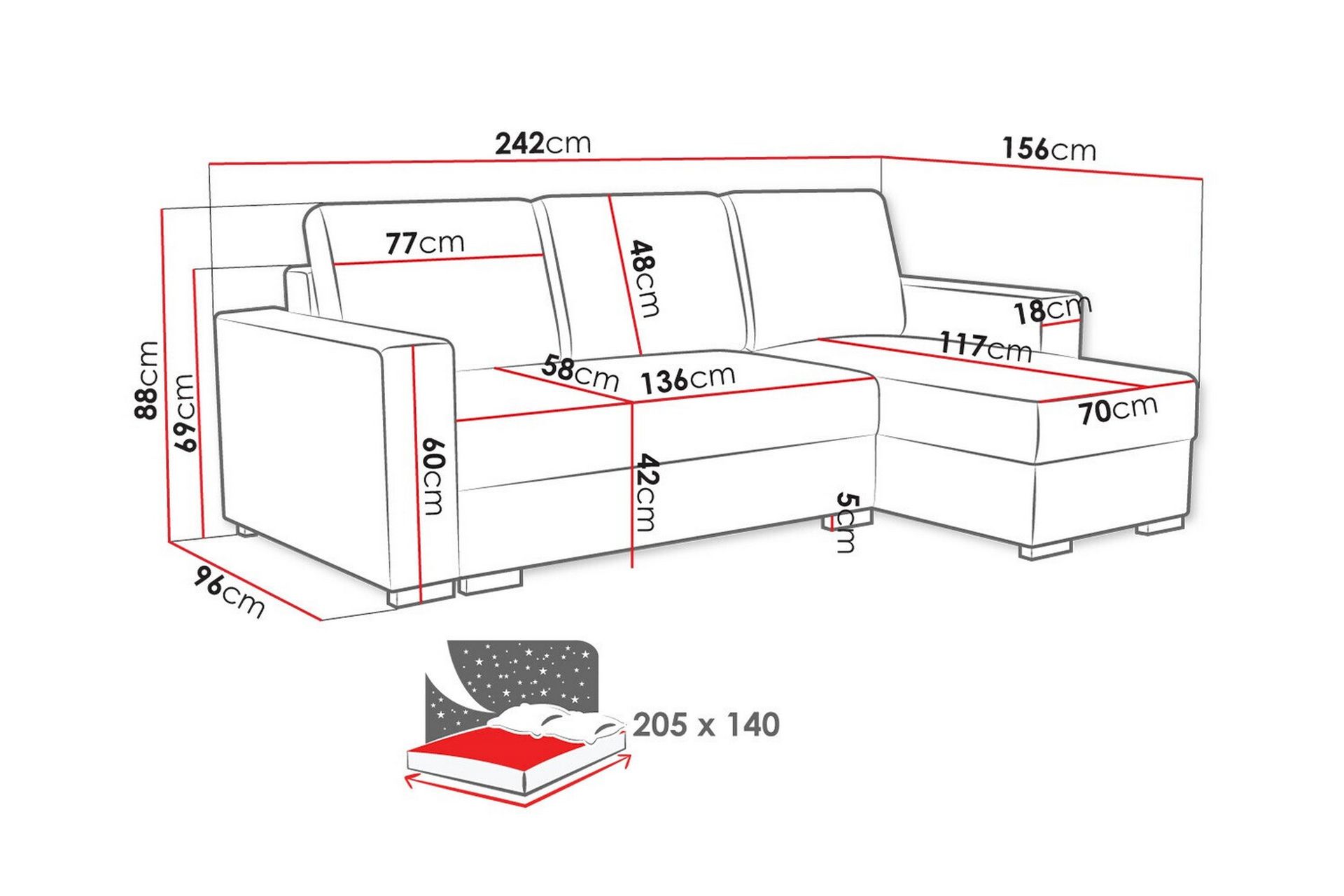 Denegal 3-personers Hjørnesovesofa - Grå - Møbler - Sofaer - Sovesofaer