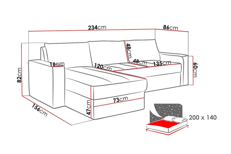 Domino 3-personers Hjørnesofa L-formet Udtrækkelig 140x200 cm med Opbevaring i Stof - Grå - Møbler - Sofaer - Sovesofaer
