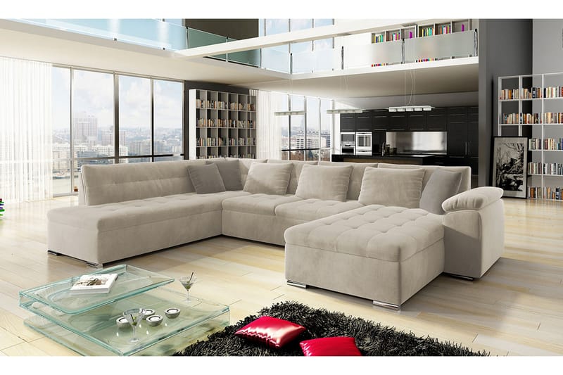 Dynir 4-personers Hjørnesovesofa - Beige - Sovesofaer - Sovesofa chaiselong - Velour sofaer