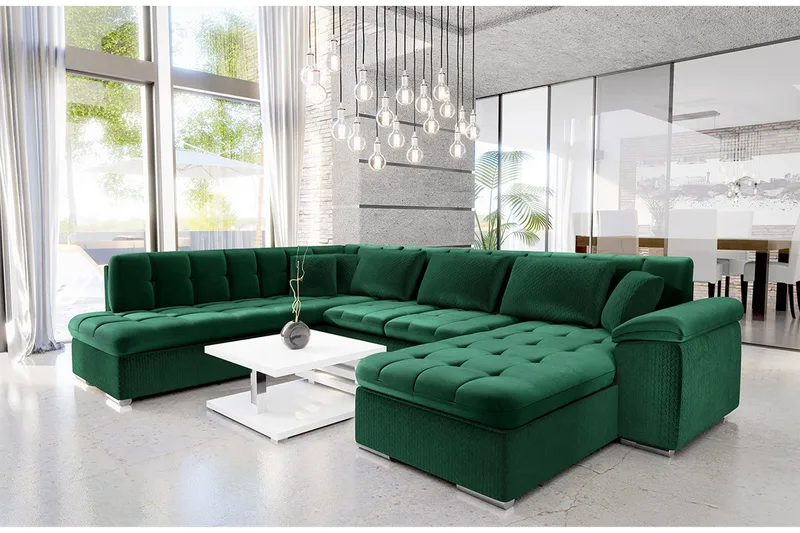 Dynir 6-personers Højrevendt U-formet Sovesofa 125x290 cm med Opbevaring i Fløjl - Grøn - Møbler - Sofaer - Sovesofaer
