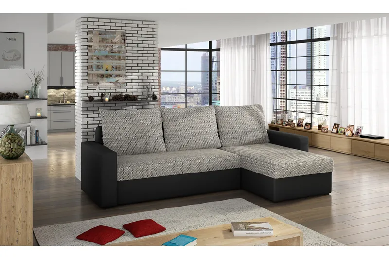 Eguino 3-personers Højre Sovesofa 125x195 cm med Opbevaring i Stof, Lysegrå Meleret