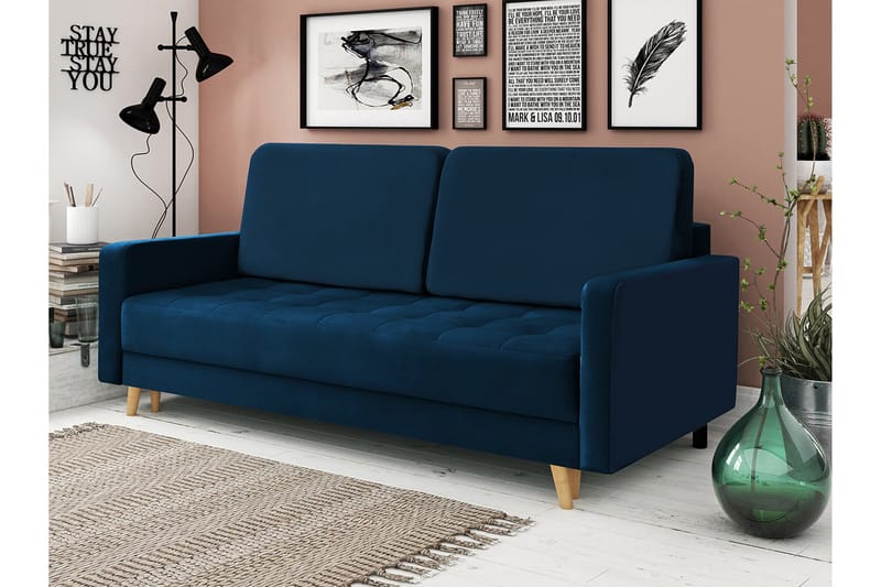 Eirado Rektangulær Sovesofa 140x194 cm med Opbevaring i Fløjl - Blå - Møbler - Sofaer - Sovesofaer