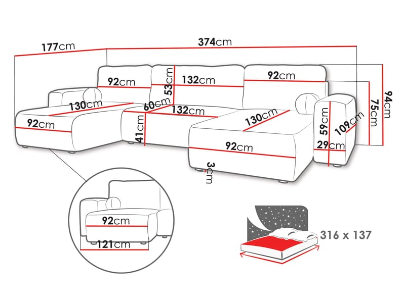 Elvior 5-personers U-formet sovesofa med dobbelt chaiselong - hvid - Møbler - Sofaer - Sovesofaer