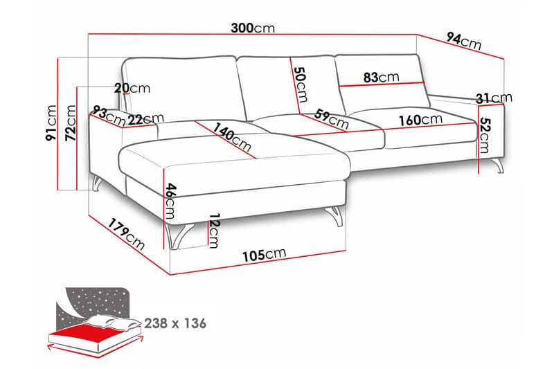 Emet Sovesofa med Chaiselong 3-personers - Grå - Møbler - Sofaer - Sovesofaer