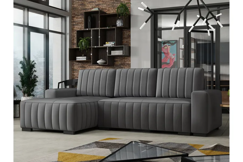 Esher 3-pers. Hjørnesofa Venstre - Plys/Grå - Møbler - Sofaer - Sovesofaer