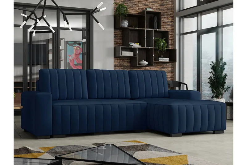 Esher 3-pers. Hjørnesofa Højre - Plys/Blå - Møbler - Sofaer - Sovesofaer