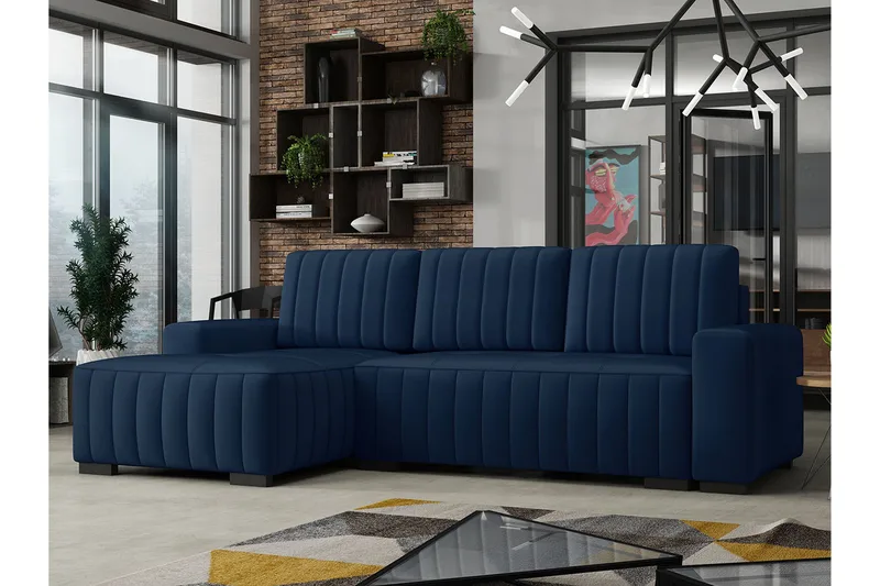 Esher 3-pers. Hjørnesofa Venstre - Plys/Blå - Møbler - Sofaer - Sovesofaer