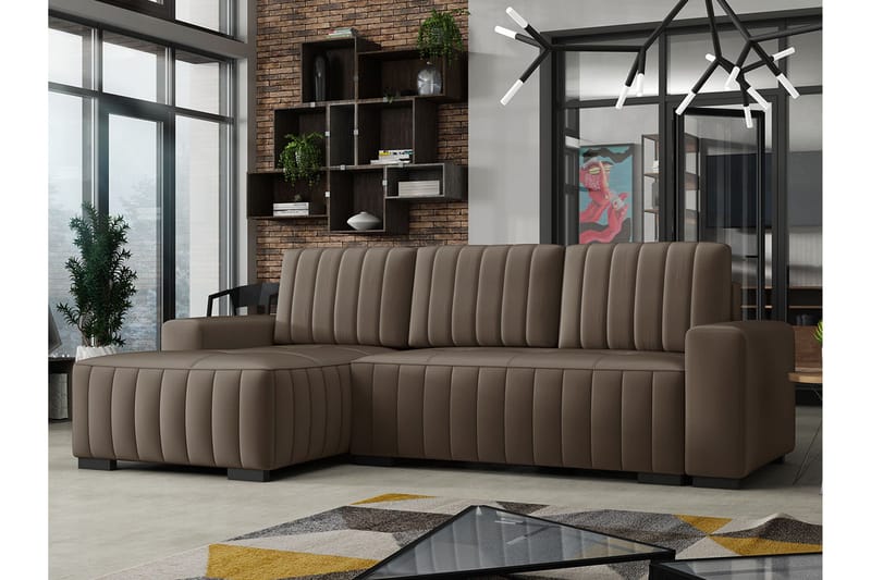 Esher 3-pers. Hjørnesofa Venstre - Plys/Brun - Møbler - Sofaer - Sovesofaer