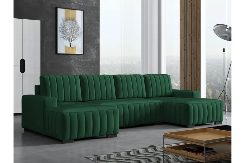 Esher Sovesofa med Dobbelt Chaiselong 4-personers i Plys - Grøn - Møbler - Sofaer - Sovesofaer