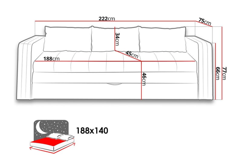 Euforia 3-personers Udtrækkelig Sovesofa 140x188 cm med Opbevaring i Stof - Antracit - Møbler - Sofaer - Sovesofaer