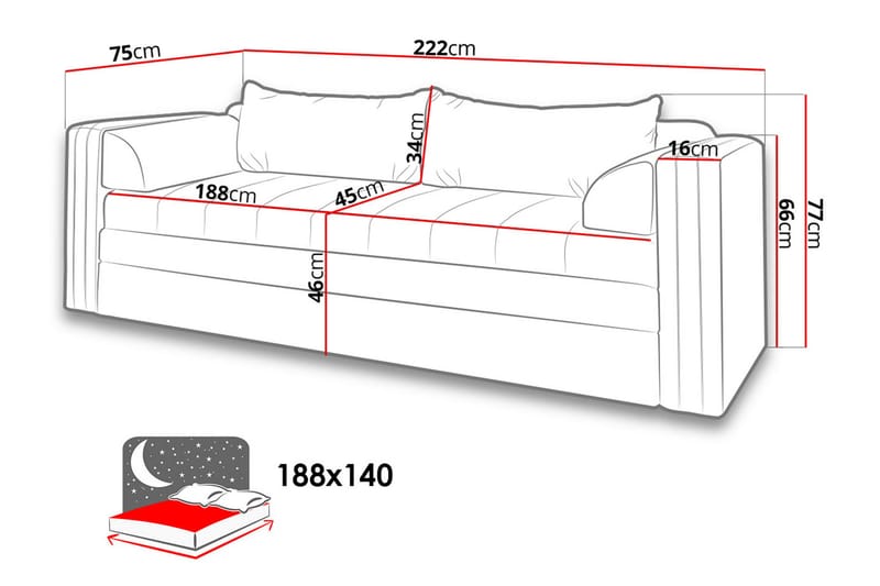 Euforia Sofa 222x75x77 cm - Sovesofaer - 3 personers sovesofa