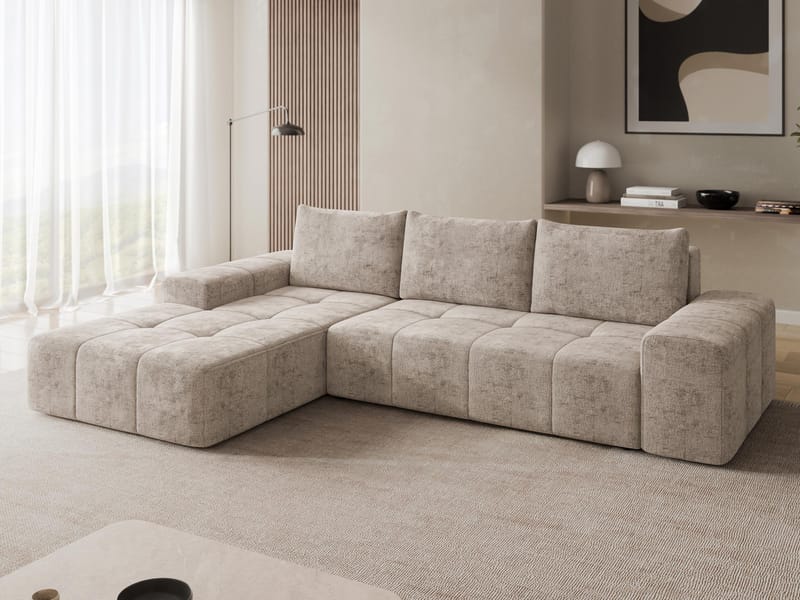 Falor 3-personers Sovesofa med Chaiselong til Venstre og Opbevaring - Beige - Møbler - Sofaer - Sovesofaer