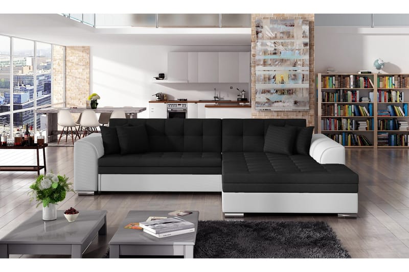 Falseti 3-personers Venstrevendt L-formet Sovesofa 126 cm i Stof og Læder, Sort|Hvid