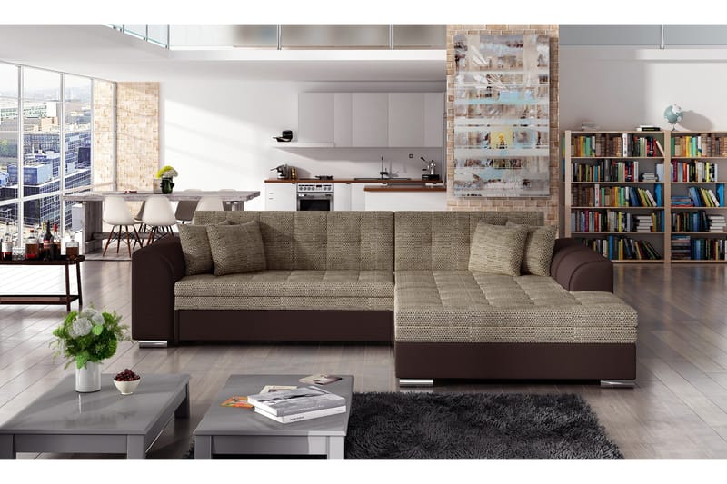 Falseti 4-personers Højrevendt Sovesofa i Stof med Stel i Kunstlæder, Brun|Beige