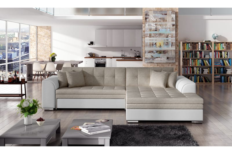 Falseti sovesofa med divan - Beige/Hvid - Sovesofaer - 4 personers sovesofa