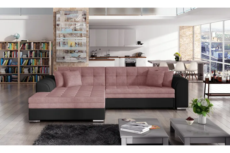 Falseti Venstrevendt L-formet Sovesofa 126 cm i Stof og Læder - Lyserød|Sort - Møbler - Sofaer - Sovesofaer