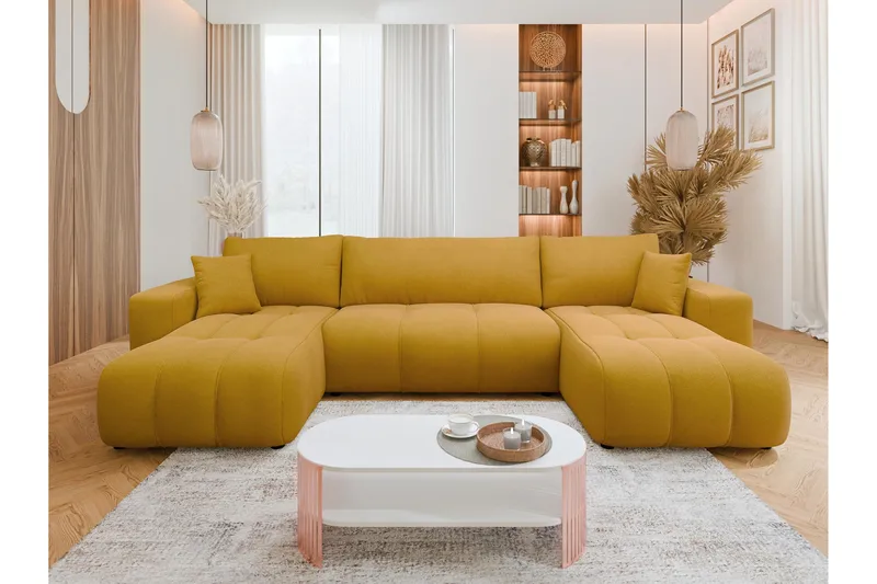 Flo Sovesofa med Dobbelt Chaiselong 4-personers i Plys - Beige - Møbler - Sofaer - Sovesofaer