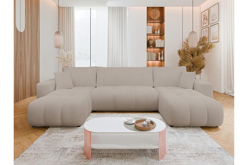 Flo Sovesofa med Dobbelt Chaiselong 4-personers i Plys - Beige - Møbler - Sofaer - Sovesofaer