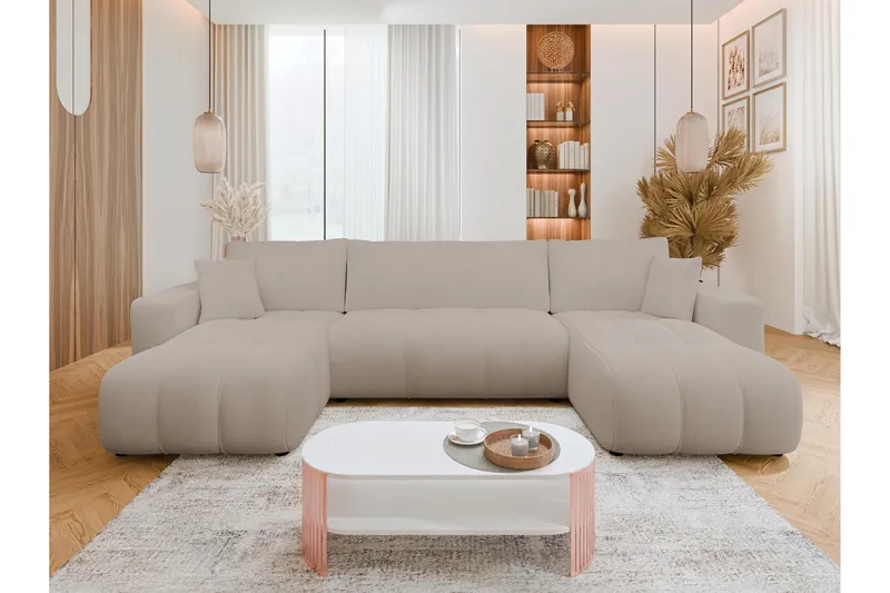 Flo Sovesofa med Dobbelt Chaiselong 4-personers i Plys - Beige - Møbler - Sofaer - Sovesofaer