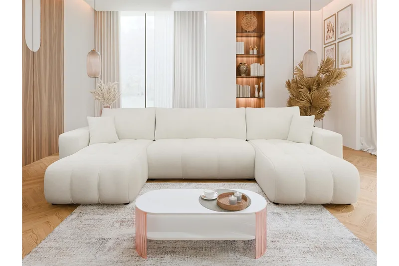 Flo Sovesofa med Dobbelt Chaiselong 4-personers i Plys - Hvid - Møbler - Sofaer - Sovesofaer