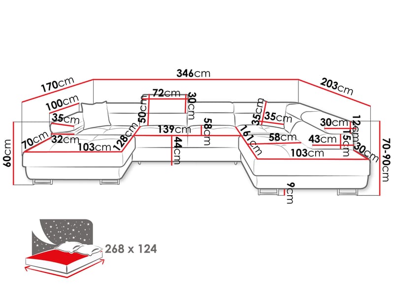 Gabina 5-personers U-formet sovesofa med chaiselong og chaiselong - sort - Møbler - Sofaer - Sovesofaer