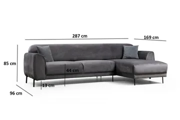 Gajanejos 3-personers Højre L-formet Sovesofa med Chaiselong i Fløjl - Grå - Møbler - Sofaer - Sovesofaer