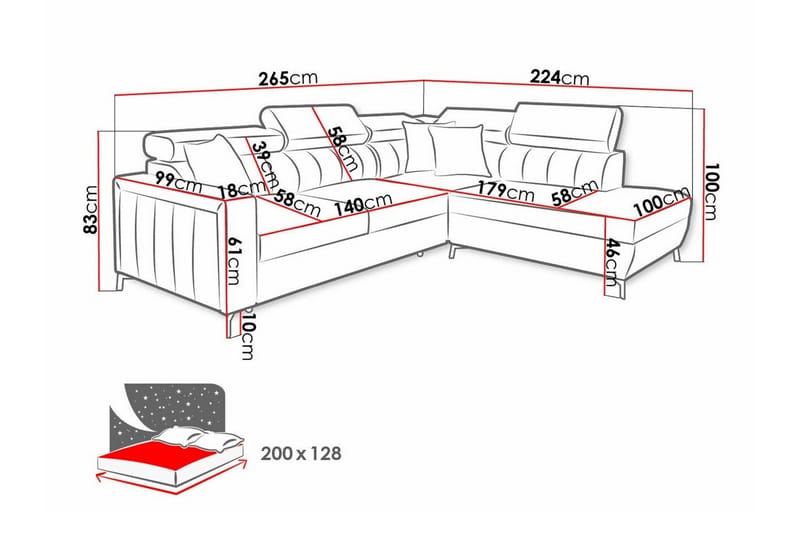 Galbally 3-sits Hörnbäddsoffa NO_BRAND Pink - Møbler - Sofaer - Sovesofaer