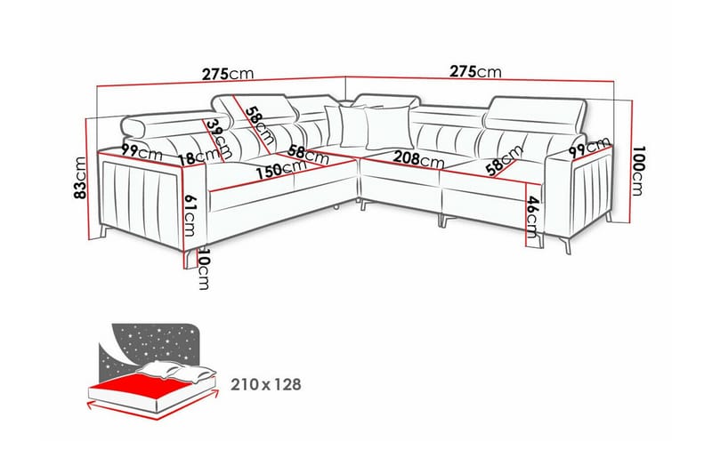 Galbally 4-sits Hörnbäddsoffa NO_BRAND Dark pink - Møbler - Sofaer - Sovesofaer