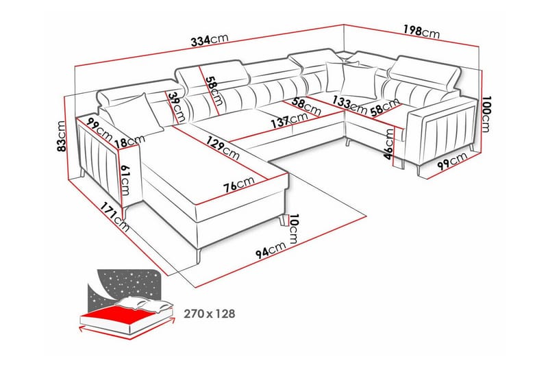 Galbally 4-sits Hörnbäddsoffa NO_BRAND Pink - Møbler - Sofaer - Sovesofaer