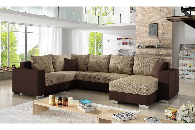 Gallicanta 4-personers Højre U-formet Hjørnesovesofa i Stof og Læder, Beige|Brun
