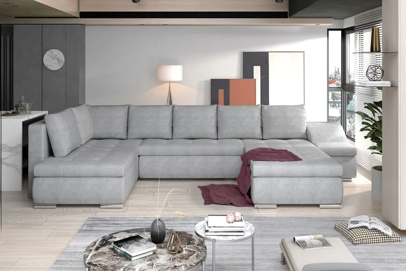 Govana 5-personers Højrevendt U-formet Sovesofa 120x295 cm med Opbevaring i Stof, Grå