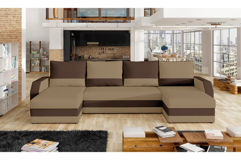 Grøntsæt sovesofa med dobbelt sofa - Beige / brun - Sovesofaer - U sovesofa - Sovesofa chaiselong