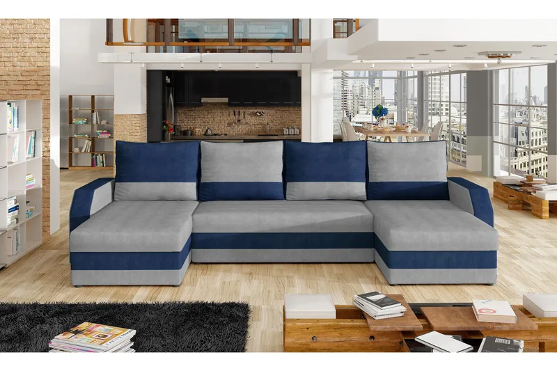 Grøntsæt sovesofa med dobbelt sofa, Grå / blå