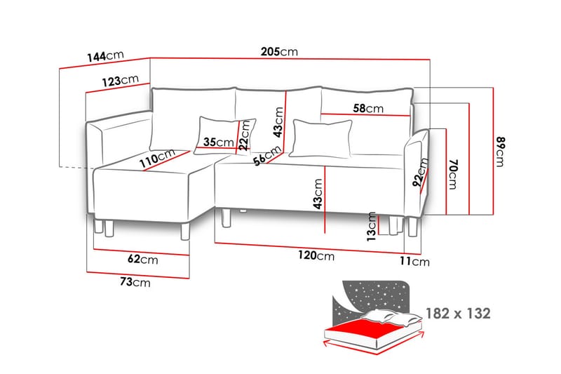 Grasela Hjørnesofa - Grå/Rød/Hvid - Sovesofaer - Sovesofa chaiselong