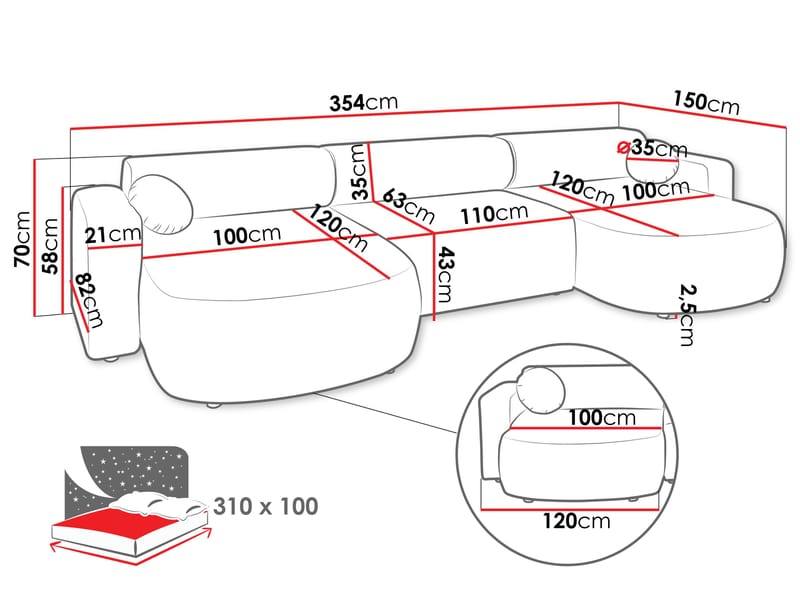 Hanish Sovesofa med dobbelt chaiselong 5-personers - Grå - Møbler - Sofaer - Sovesofaer
