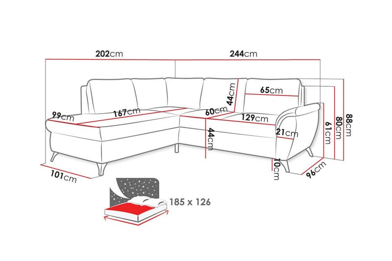 Hereford 3-sæders Venstre Hjørnesovesofa 126x185 cm med Opbevaring i Stof - Mørkegrå - Møbler - Sofaer - Sovesofaer