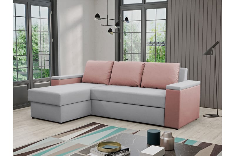 Herosa 3-Pers. Sovesofa med Chaiselong med Opbevaring - Grå/Lyserød - Møbler - Sofaer - Sovesofaer