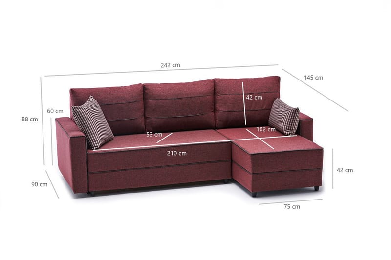 Highbank Sovesofa m. Chaiselong 4-Pers. 200x150 - Rød - Sovesofaer - Sovesofa chaiselong