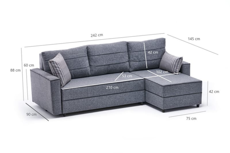 Highbank Sovesofa m. Chaiselong 4-Pers. 200x150 - Grå - Møbler - Sofaer - Sovesofaer