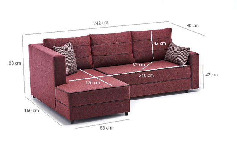 Highbank Sovesofa m. Chaiselong 4-Pers. 200x150 - Rød - Sovesofaer - Sovesofa chaiselong