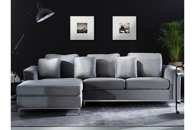Hjørnesofa 4-personers H med sovefunktion velour Grå OSLO - Grå - Møbler - Sofaer - Sovesofaer
