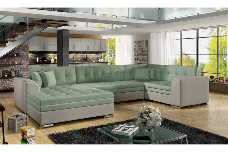 Rineta sovesofa med dobbelt sofa, Grøn / grå