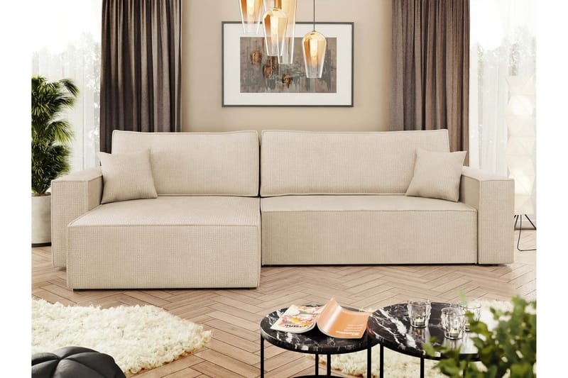 Hobson Sovesofa med Chaiselong 3-personers i Plys - Beige - Møbler - Sofaer - Sovesofaer