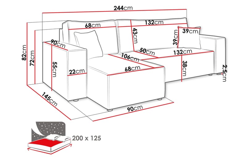 Hobson Sovesofa med Chaiselong 3-personers i Plys - Grå - Møbler - Sofaer - Sovesofaer